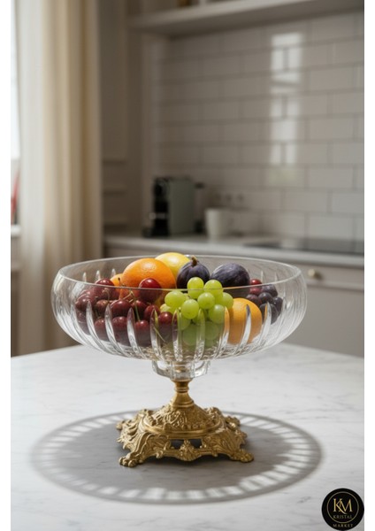 22CM Kesme Kristal Dekor Gold Ayak Cam Kase Vertical Desen