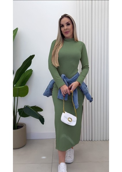 Kadın Uzun Kollu Balıkçı Yakalı Yanlardan Yırtmaçlı Kaşkorse Maxi Elbise