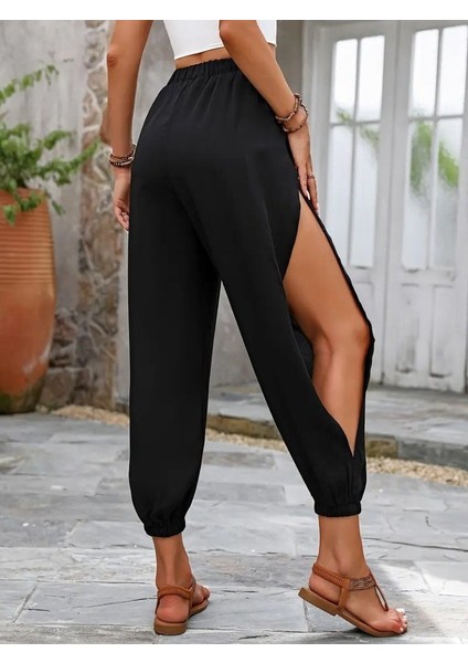 Kadın Yüksek Belli Yanlardan Çapraz Detay Yırtmaçlı Viskon Pantolon modelleri