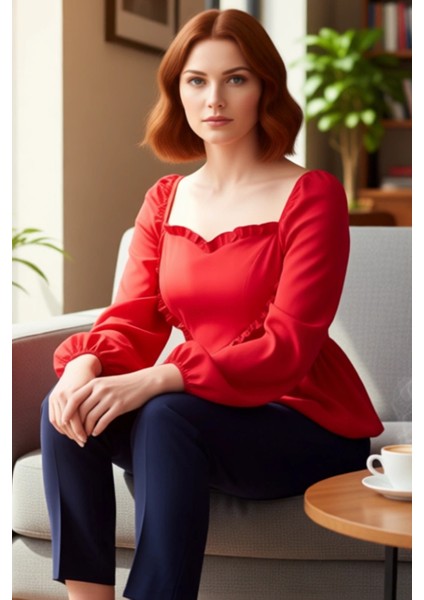 Kadın Kalp Yaka Balon Kol Detaylı Dokuma Bluz Kaliteli Şık Rahat Modern Zarif Günlük fiyatları