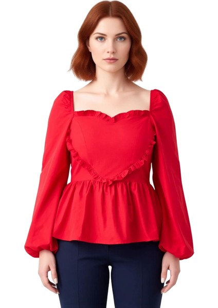 Kadın Kalp Yaka Balon Kol Detaylı Dokuma Bluz Kaliteli Şık Rahat Modern Zarif Günlük modelleri