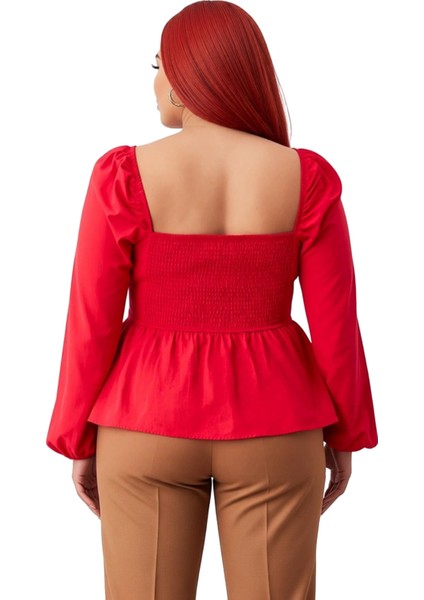 Kadın Kalp Yaka Balon Kol Detaylı Dokuma Bluz Kaliteli Şık Rahat Modern Zarif Günlük fırsatları