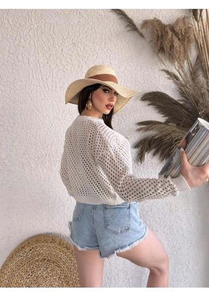 Bisiklet Yaka Triko Delıklı Kazak - Krem fiyatları