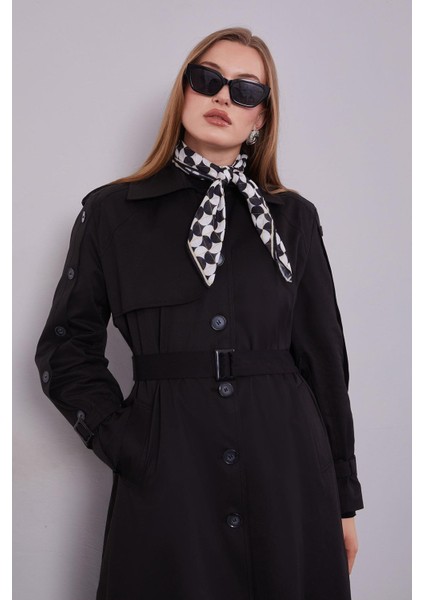 Siyah Kol Düğme Detaylı Trençkot fiyatları