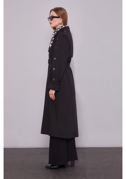 Siyah Kol Düğme Detaylı Trençkot modelleri