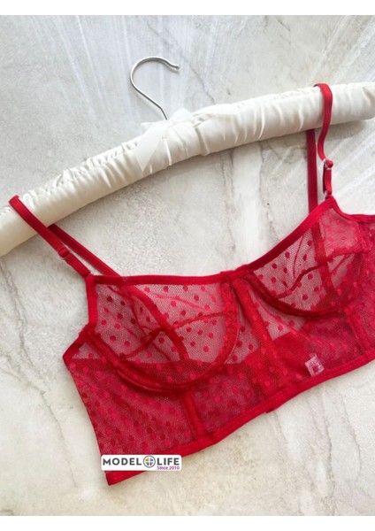 Kıırmızı Puantiyeli Brode Balenli Bra Sütyen Iç Çamaşırı Tanga Takımı fırsatları