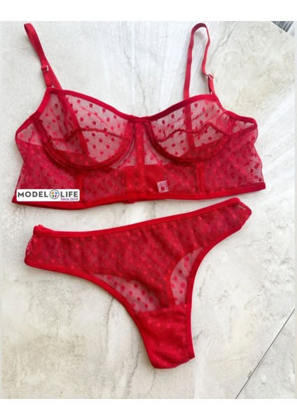 Kıırmızı Puantiyeli Brode Balenli Bra Sütyen Iç Çamaşırı Tanga Takımı indirimleri