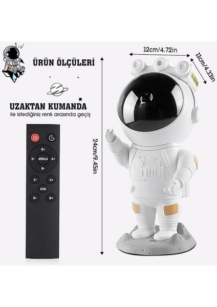 Çocuk Odası Astronot Işıklı Kumandalı Galaksi Pilli Projeksiyon Gece Lambası