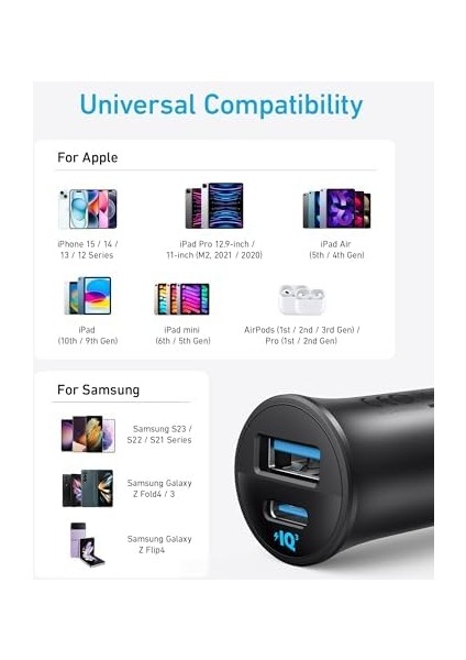 Araç Şarjı 30W 2 Port Powerıq 3.0 A2741, Siyah modelleri