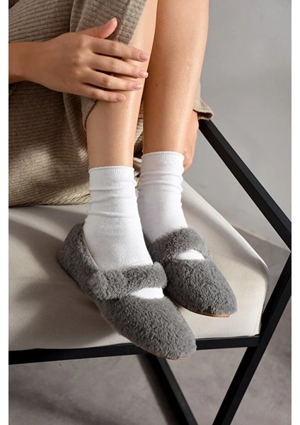 Luna Tavşan Tüyü Lastikli Kaydırmaz Taban Kadın Babet Panduf Ev Terliği