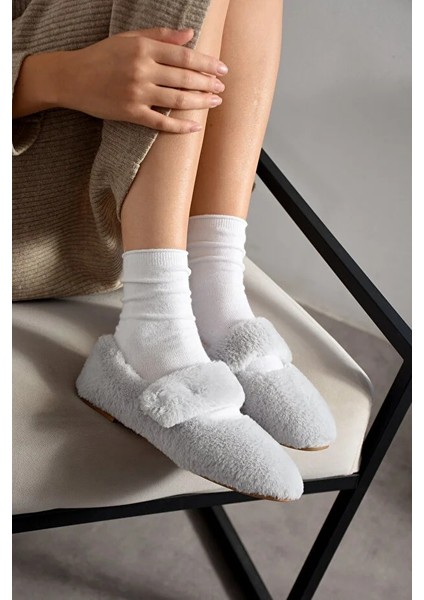 Luna Tavşan Tüyü Lastikli Kaydırmaz Taban Kadın Babet Panduf Ev Terliği