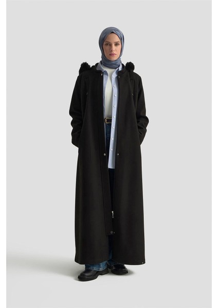 Kapüşonlu Kaşe Kaban 25KD2504 Siyah