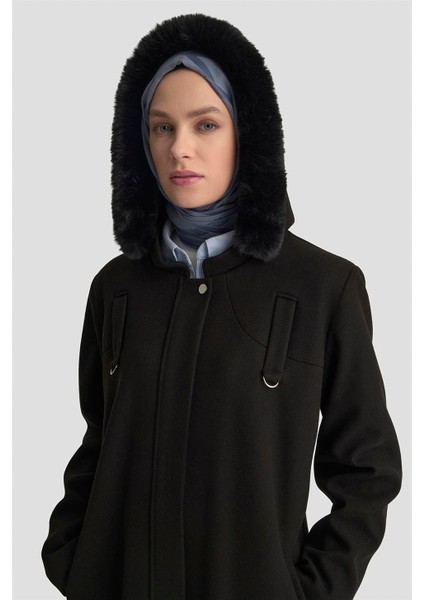 Kapüşonlu Kaşe Kaban 25KD2504 Siyah indirimleri