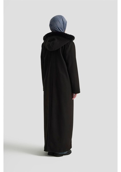Kapüşonlu Kaşe Kaban 25KD2504 Siyah