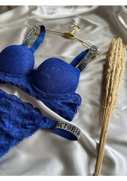 Dantelli Lastiği Taşlı Balenli Destekli Dolgulu Push Up Siyah Sütyen Ve String Iç Çamaşırı Takımı