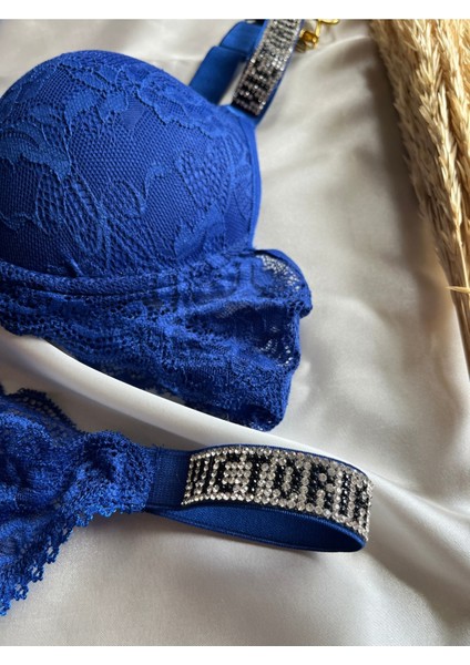 Dantelli Lastiği Taşlı Balenli Destekli Dolgulu Push Up Siyah Sütyen Ve String Iç Çamaşırı Takımı fiyatları