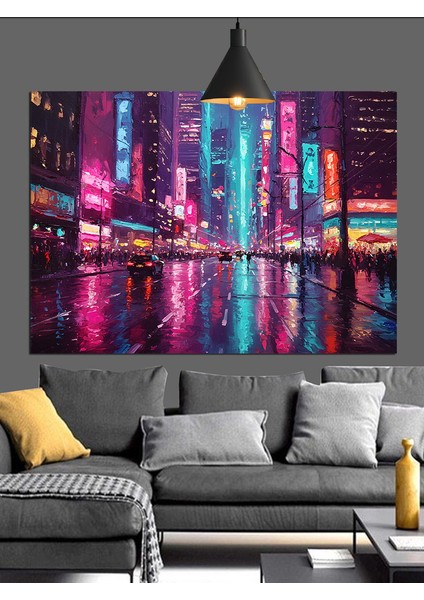Neon Işıklı Şehir Gecesi Dekoratif Kanvas - Mdf Ahşap Tablo fırsatları