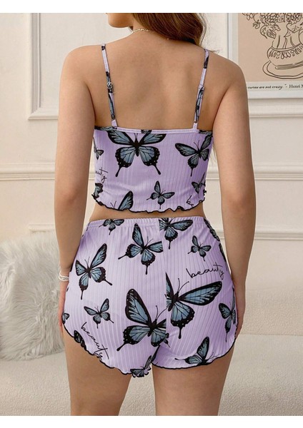 Mor Renk Kelebek Desenli Şortlu Ev Giyim Takımı,kadın Yazlık Askılı Pijama, Rahat ve Şık Ev Giyim fiyatları