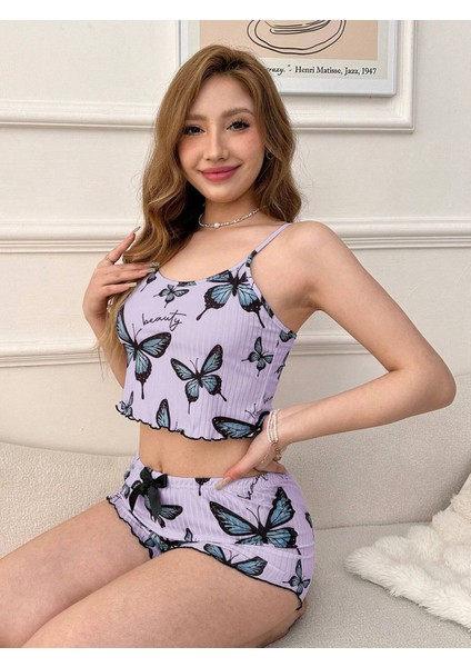 Mor Renk Kelebek Desenli Şortlu Ev Giyim Takımı,kadın Yazlık Askılı Pijama, Rahat ve Şık Ev Giyim fırsatları