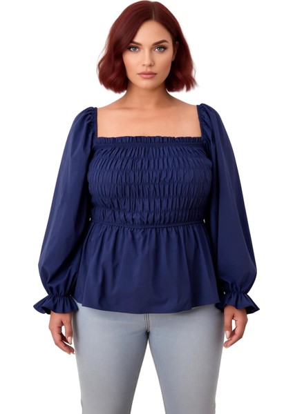 Kadın Moda Şık Büyük Beden Crop Kare Yaka Büzgülü/fırfırlı Kol Fitted Kalıp Dokuma Gipeli Bluz fiyatları