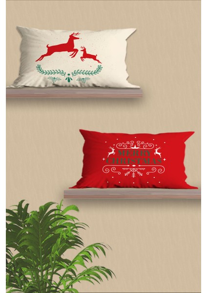 2'li Dikdörtgen Yılbaşı Desenli Çift Taraf Baskı, Yastık Kılıfı, Kırlent Kılıfı, Fermuarlı