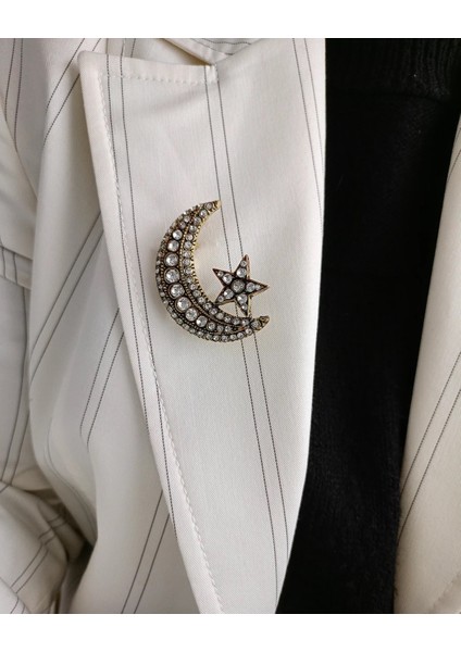 Özel Ser Altın Rengi Zirkon Taşlı Ay Yıldız Broş