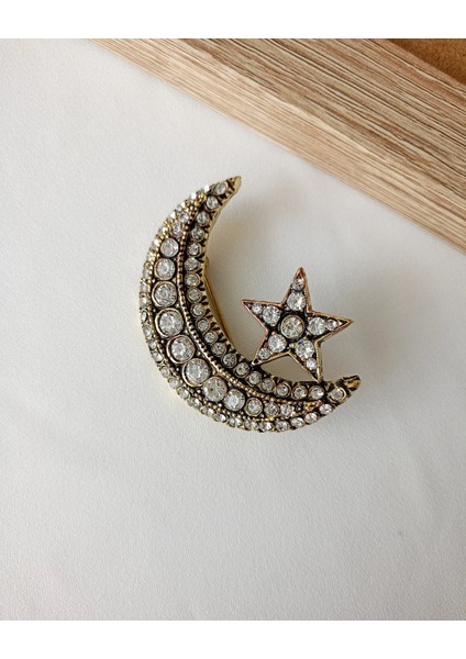 Özel Ser Altın Rengi Zirkon Taşlı Ay Yıldız Broş indirimleri