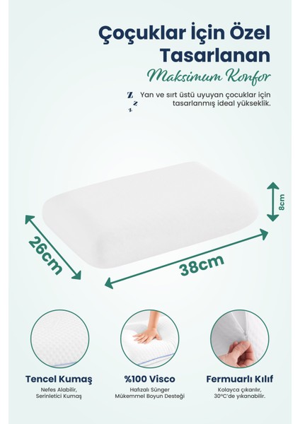 Çocuk Ortopedik Visco Yastık 38X26-8 cm | 1-10 Yaş Uyumlu – Boyun Destekli & Yıkanabilir Kılıf modelleri