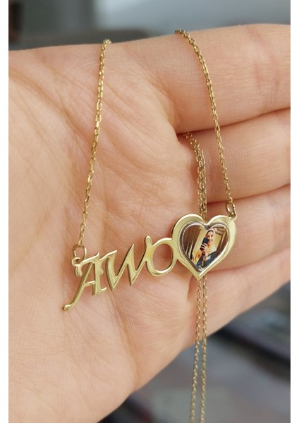 925 Ayar Gümüş 24 Ayar Altın Kaplama Resimli ve Isimli Kolye