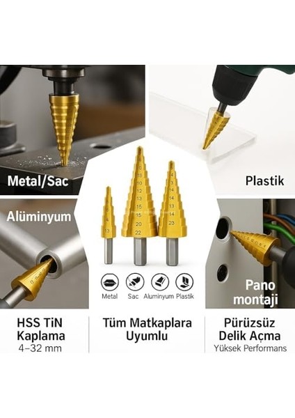 Kademeli Matkap Ucu Seti, 3&apos;lü, Hss, Titanyum Nitrür Kaplamalı, 4-32 Mm, Metal, Sac,, Plastik Için, Uzun Ömürlü, Pürüzsüz, Delik Açma, Yüksek, Tüm Matkaplara Uyumlu fiyatları
