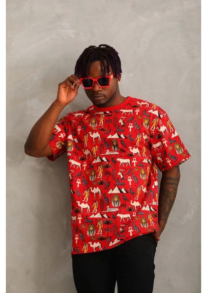 Unisex Oversize Baskılı Bisiklet Yaka T-Shirt - Kırmızı fırsatları