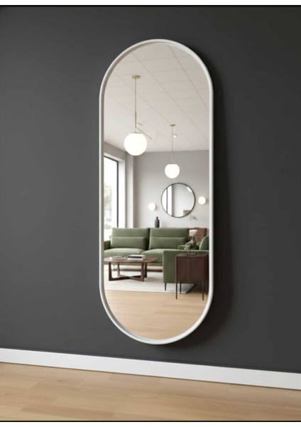 Beyaz Elips Ayna 160X60 Dekoratif Salon Hol Dikey Duvar Aynası Metal Çerçeveli 3 Renk Seçeneği