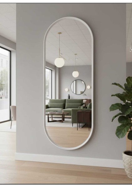 Beyaz Elips Ayna 160X60 Dekoratif Salon Hol Dikey Duvar Aynası Metal Çerçeveli 3 Renk Seçeneği modelleri