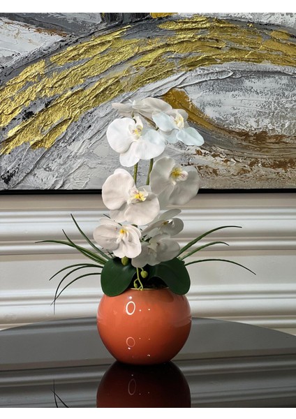 Yapay Orkideli Turuncu Cam Vazo