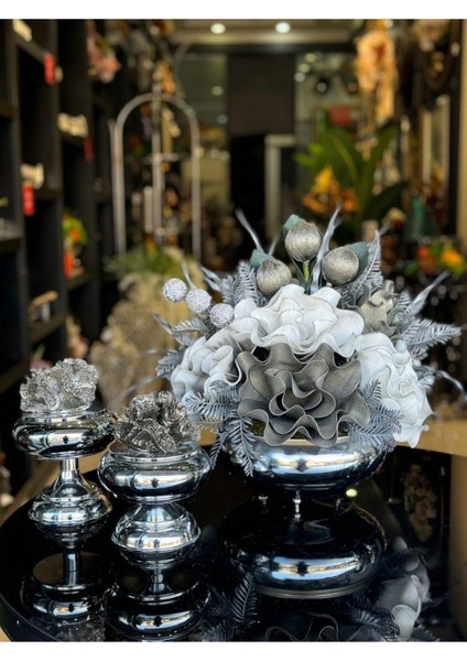 Yapay Çiçekli Gümüş Yassı Vazo 3 Parça Set No:13