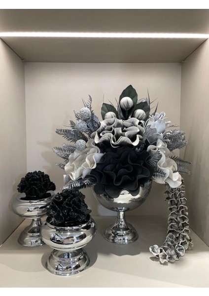 Yapay Çiçekli Gümüş Yuvarlak Vazo 3 Parça Set No:2