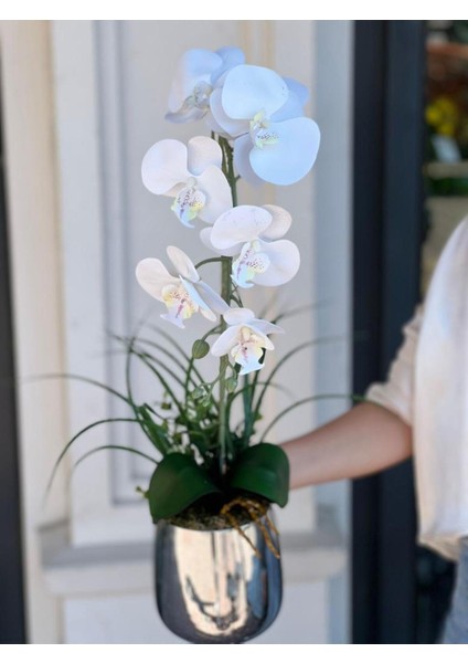 Yapay Islak Orkideli Gümüş Metal Vazo No:1 fiyatları