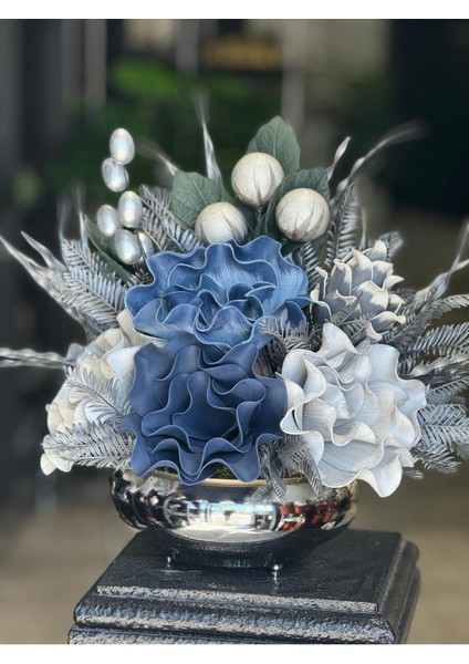 Yapay Çiçek Aranjmanlı Gümüş Yassı Vazo No:14