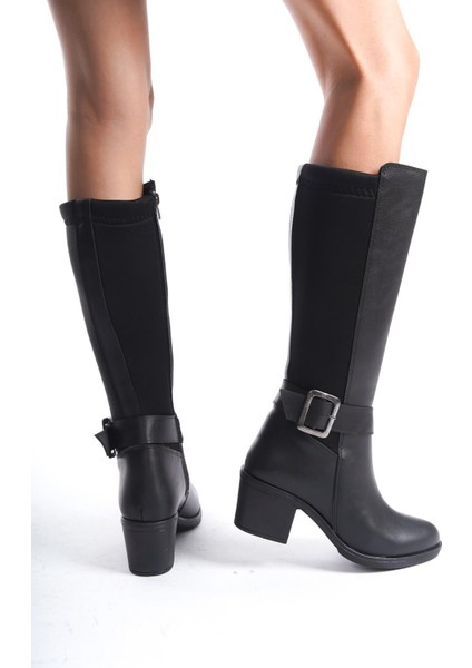 Kadın Poli Tokalı Dalgıç Kumaş Çizme Siyah