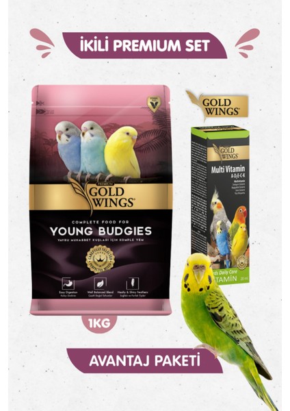 2li Set - Premium Yavru Genç Muhabbet Kuşu Yemi 1 kg + Muhabbet Kuşu Multivitamin Tüy Oluşum Desteği