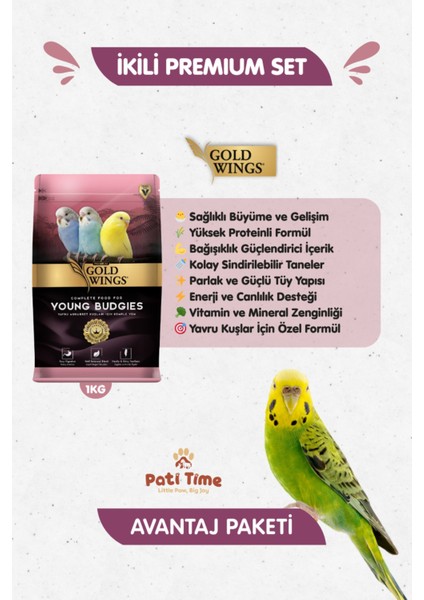 2li Set - Premium Yavru Genç Muhabbet Kuşu Yemi 1 kg + Muhabbet Kuşu Multivitamin Tüy Oluşum Desteği modelleri