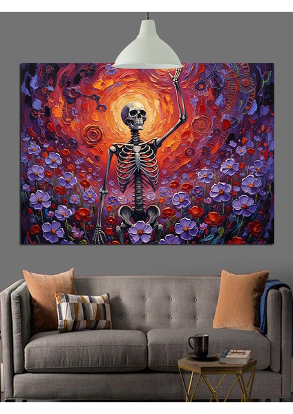 Çiçekli Kafatası Dans Eden Iskelet Dekoratif Kanvas - Mdf Ahşap Tablo
