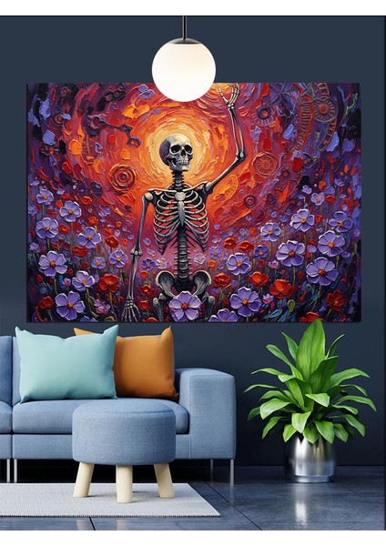 Çiçekli Kafatası Dans Eden Iskelet Dekoratif Kanvas - Mdf Ahşap Tablo modelleri