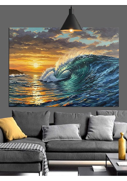 Kırmızı Güneş Dalga Manzarası Dekoratif Kanvas - Mdf Ahşap Tablo