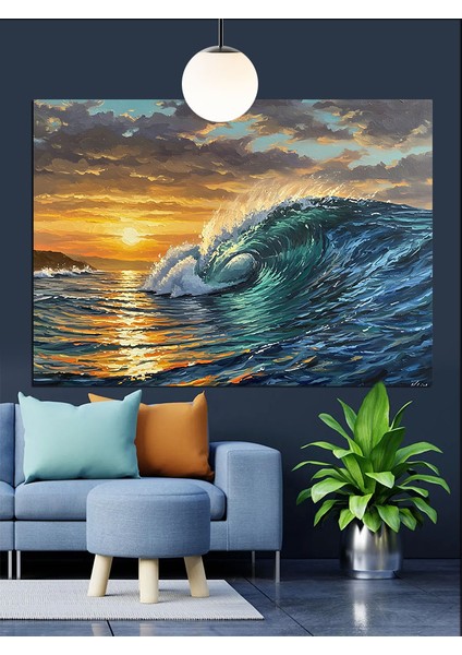 Kırmızı Güneş Dalga Manzarası Dekoratif Kanvas - Mdf Ahşap Tablo fırsatları