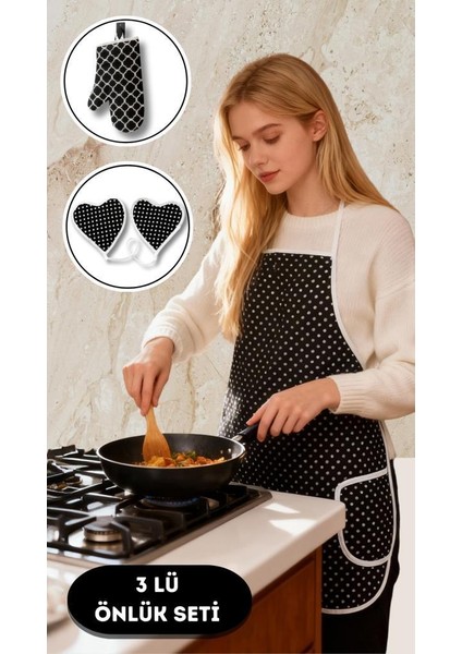 Puantiyeli Mutfak Seti 3’lü – Su Geçirmez Isıya Dayanıklı Önlük + Eldiven + Tutacak fiyatları