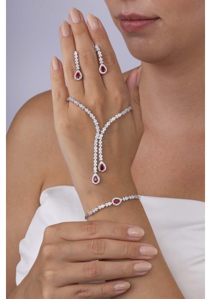 Yakut Taşlı Damla Motifli Rodyum Kaplama Gümüş Düğün Seti