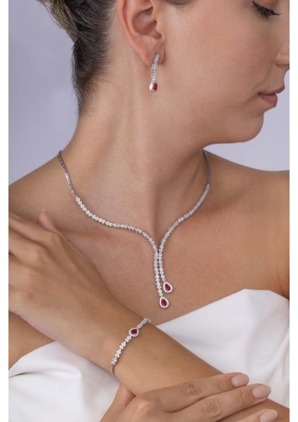 Yakut Taşlı Damla Motifli Rodyum Kaplama Gümüş Düğün Seti fiyatları