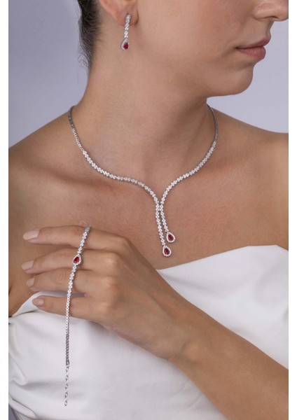 Yakut Taşlı Damla Motifli Rodyum Kaplama Gümüş Düğün Seti modelleri