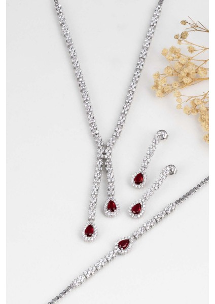 Yakut Taşlı Damla Motifli Rodyum Kaplama Gümüş Düğün Seti fırsatları